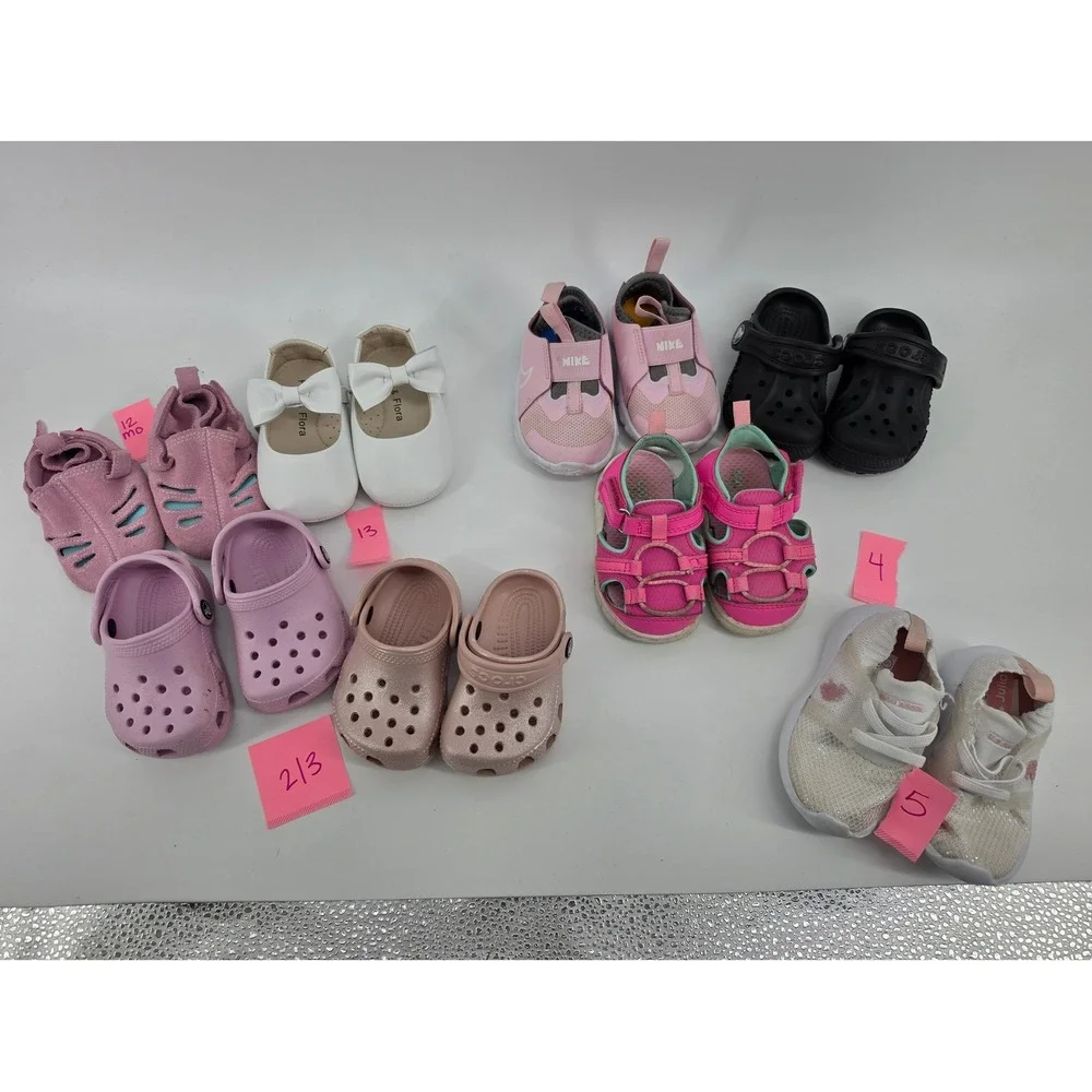 Toddler Girls Shoe Lot 8 Pairs Nike/ Crocs/ Polo/ Carter Sizes 12M–5